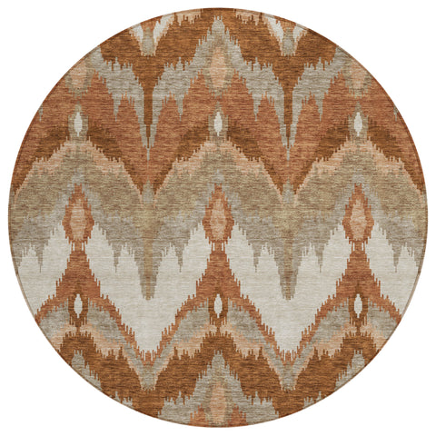 8' Orange Beige And Copper Round Ikat Washable Indoor Outdoor Area Rug