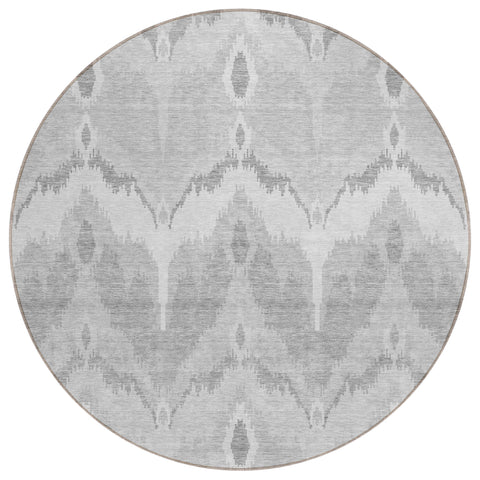 8' Silver And Gray Round Ikat Washable Indoor Outdoor Area Rug