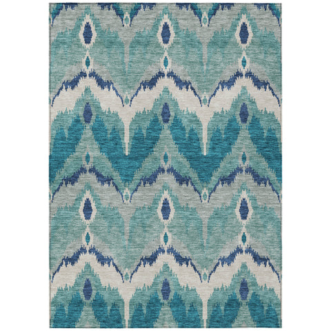 5' X 8' Teal Blue Navy Blue And Ivory Ikat Washable Indoor Outdoor Area Rug