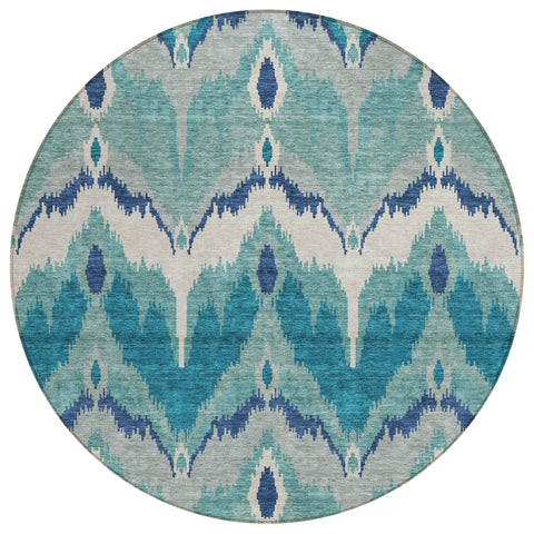 8' Teal Blue Navy Blue And Ivory Round Ikat Washable Indoor Outdoor Area Rug