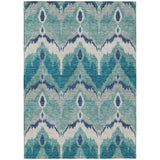 8' X 10' Teal Blue Navy Blue And Ivory Ikat Washable Indoor Outdoor Area Rug
