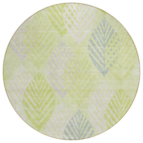 8' Artichoke Green And Ivory Round Floral Washable Indoor Outdoor Area Rug