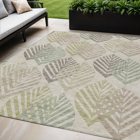 5' X 8' Beige Taupe And Artichoke Green Floral Washable Indoor Outdoor Area Rug