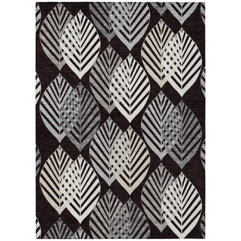 5' X 8' Black Silver And Charcoal Floral Washable Indoor Outdoor Area Rug
