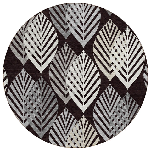 8' Black Silver And Charcoal Round Floral Washable Indoor Outdoor Area Rug