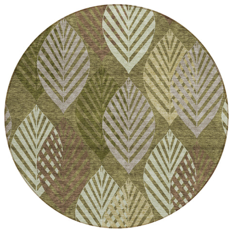 8' Olive Green Artichoke Green And Gray Round Floral Washable Indoor Outdoor Area Rug