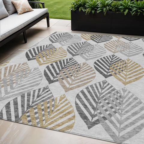 5' X 8' Silver Gray And Gold Floral Washable Indoor Outdoor Area Rug