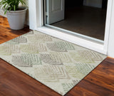 3' X 5' Taupe Beige And Artichoke Green Floral Washable Indoor Outdoor Area Rug