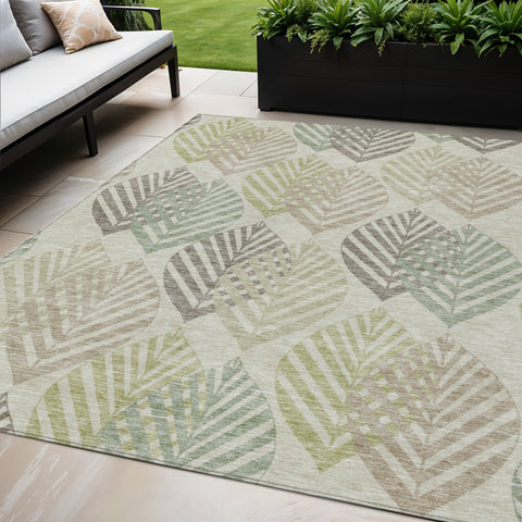 5' X 8' Taupe Beige And Artichoke Green Floral Washable Indoor Outdoor Area Rug
