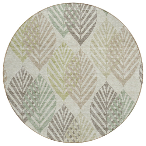 8' Taupe Beige And Artichoke Green Round Floral Washable Indoor Outdoor Area Rug