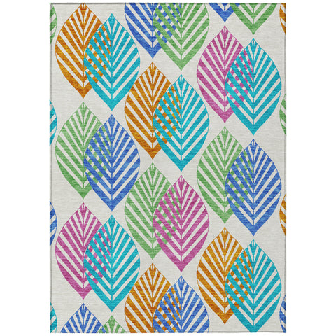 3' X 5' White Orange And Blue Floral Washable Indoor Outdoor Area Rug