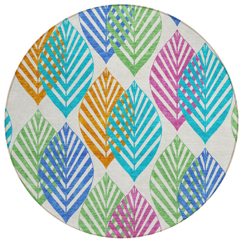 8' White Orange And Blue Round Floral Washable Indoor Outdoor Area Rug