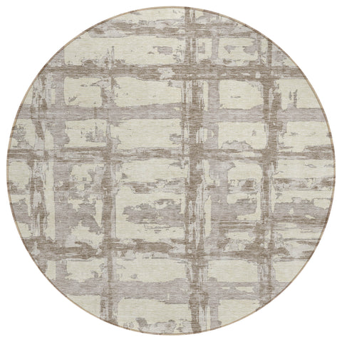 8' Beige Brown And Taupe Round Striped Washable Indoor Outdoor Area Rug