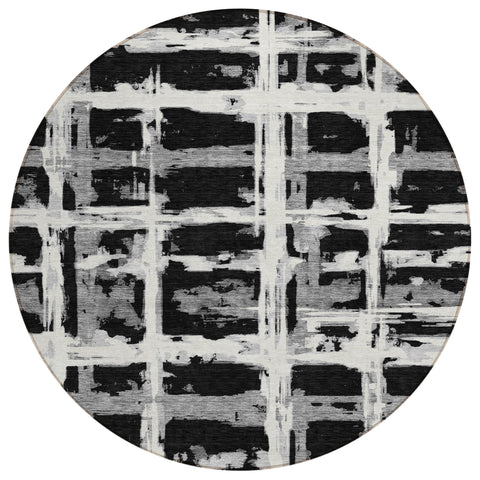 8' Black Gray And Silver Round Striped Washable Indoor Outdoor Area Rug