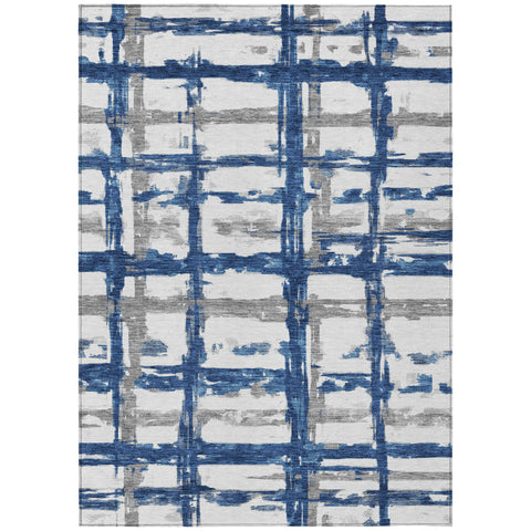 3' X 5' Navy Blue Gray And Silver Striped Washable Indoor Outdoor Area Rug