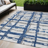 5' X 8' Navy Blue Gray And Silver Striped Washable Indoor Outdoor Area Rug