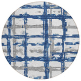 8' Navy Blue Gray And Silver Round Striped Washable Indoor Outdoor Area Rug