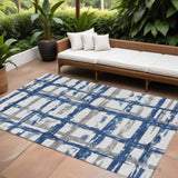8' X 10' Navy Blue Gray And Silver Striped Washable Indoor Outdoor Area Rug
