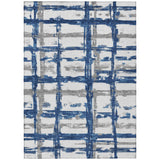 8' X 10' Navy Blue Gray And Silver Striped Washable Indoor Outdoor Area Rug