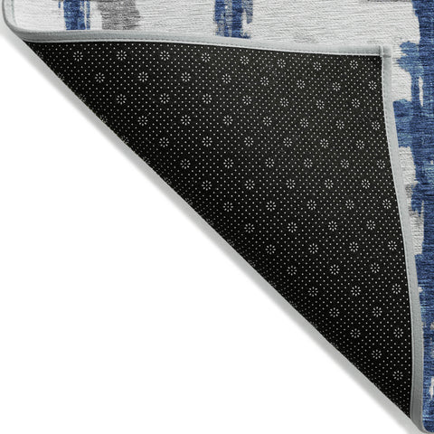 8' X 10' Navy Blue Gray And Silver Striped Washable Indoor Outdoor Area Rug