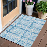 3' X 5' Sky Blue Denim Blue And Ivory Striped Washable Indoor Outdoor Area Rug