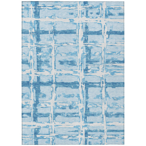 3' X 5' Sky Blue Denim Blue And Ivory Striped Washable Indoor Outdoor Area Rug