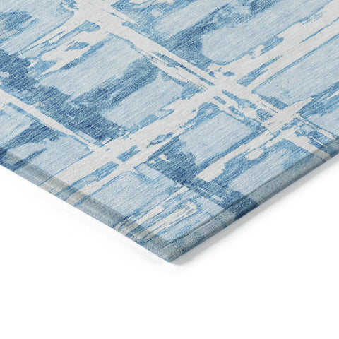 8' X 10' Sky Blue Denim Blue And Ivory Striped Washable Indoor Outdoor Area Rug