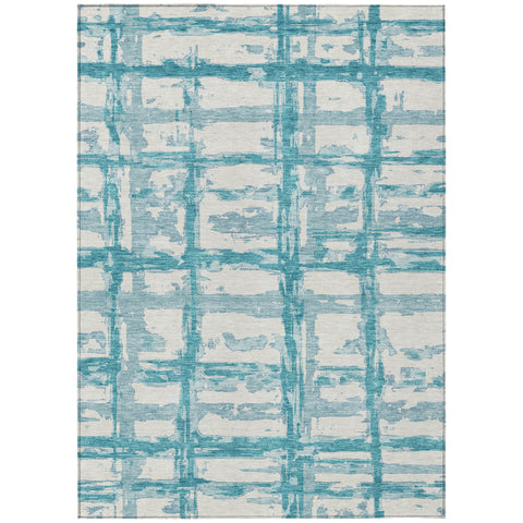 3' X 5' Teal Blue Aqua And Ivory Striped Washable Indoor Outdoor Area Rug