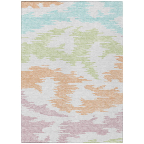 3' X 5' White Sky Blue And Artichoke Green Abstract Washable Indoor Outdoor Area Rug