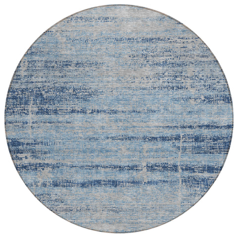 8' Sky Blue And Navy Blue Round Abstract Washable Indoor Outdoor Area Rug