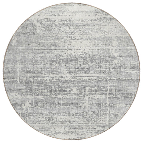 8' Silver Gray And Charcoal Round Abstract Washable Indoor Outdoor Area Rug