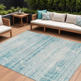 8' X 10' Teal Blue Aqua And Ivory Abstract Washable Indoor Outdoor Area Rug