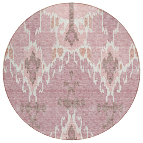 8' Blush Pink And Ivory Round Ikat Washable Indoor Outdoor Area Rug