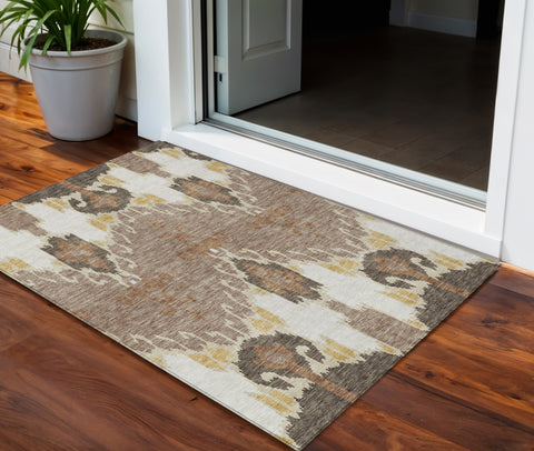 3' X 5' Brown Taupe And Beige Ikat Washable Indoor Outdoor Area Rug