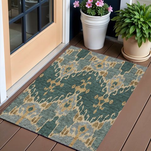 3' X 5' Green Gray And Gold Ikat Washable Indoor Outdoor Area Rug