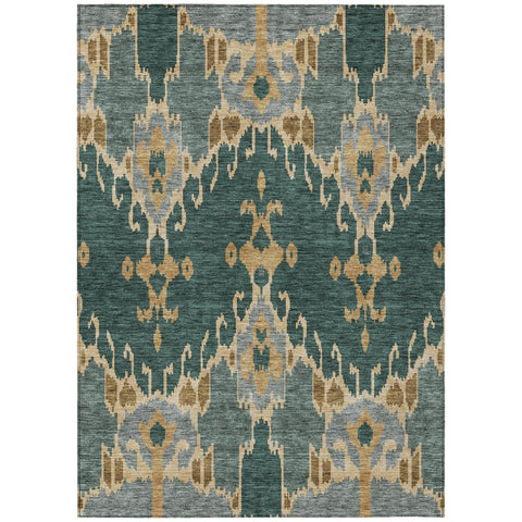 5' X 8' Green Gray And Gold Ikat Washable Indoor Outdoor Area Rug