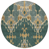 8' Green Gray And Gold Round Ikat Washable Indoor Outdoor Area Rug