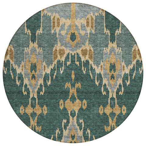 8' Green Gray And Gold Round Ikat Washable Indoor Outdoor Area Rug