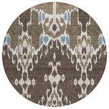 8' Brown And Taupe Round Ikat Washable Indoor Outdoor Area Rug