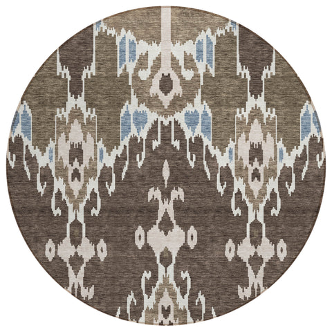 8' Brown And Taupe Round Ikat Washable Indoor Outdoor Area Rug
