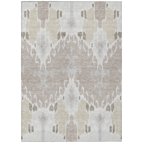 5' X 8' Ivory Beige And Taupe Ikat Washable Indoor Outdoor Area Rug