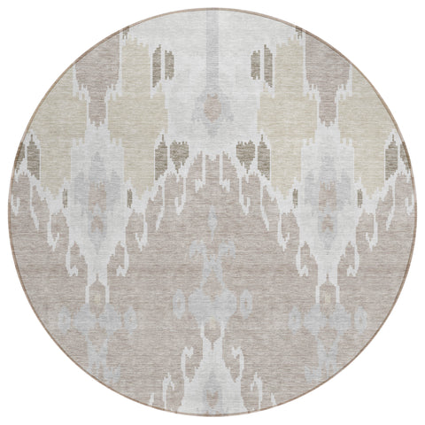 8' Ivory Beige And Taupe Round Ikat Washable Indoor Outdoor Area Rug