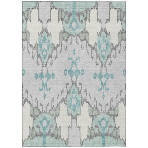 3' X 5' Mint Green Teal Blue And Ivory Ikat Washable Indoor Outdoor Area Rug