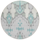 8' Mint Green Teal Blue And Ivory Round Ikat Washable Indoor Outdoor Area Rug