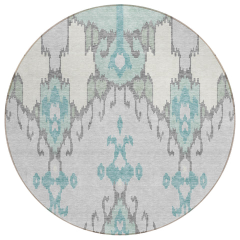 8' Mint Green Teal Blue And Ivory Round Ikat Washable Indoor Outdoor Area Rug