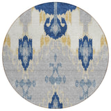 8' Navy Blue Ivory And Gray Round Ikat Washable Indoor Outdoor Area Rug