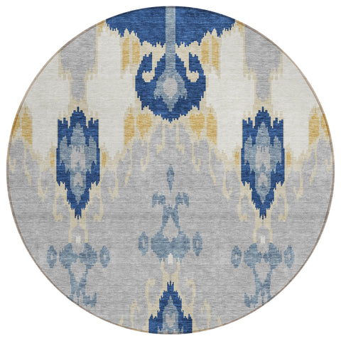 8' Navy Blue Ivory And Gray Round Ikat Washable Indoor Outdoor Area Rug