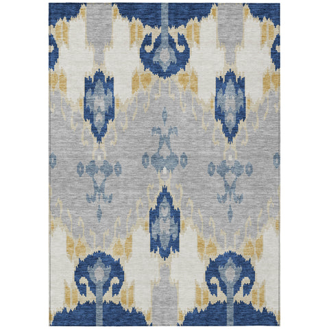 8' X 10' Navy Blue Ivory And Gray Ikat Washable Indoor Outdoor Area Rug