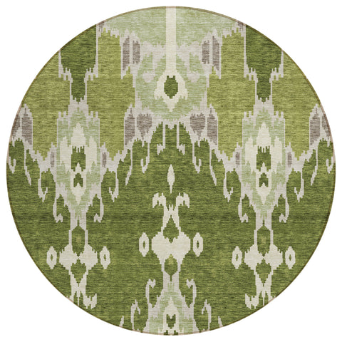 8' Olive Green And Artichoke Green Round Ikat Washable Indoor Outdoor Area Rug