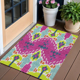 3' X 5' Pink Lime Green And Orange Ikat Washable Indoor Outdoor Area Rug
